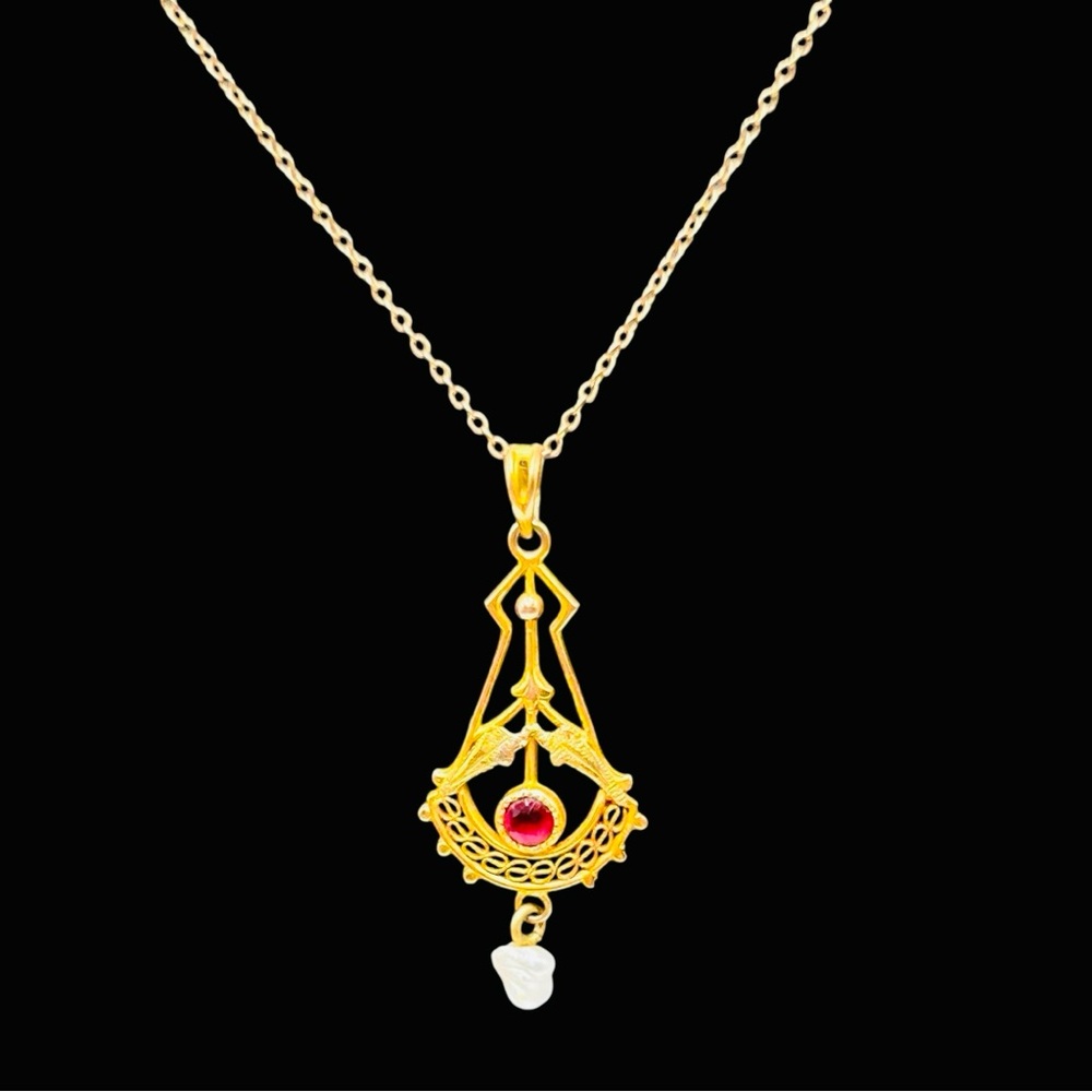 Antique Edwardian 10K Gold Ruby Pearl Lavalier Necklace